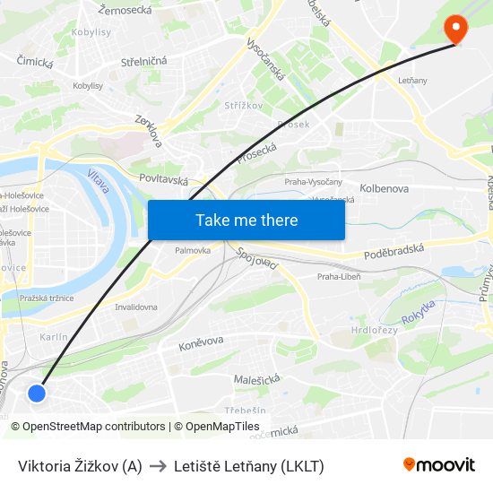 Viktoria Žižkov (A) to Letiště Letňany (LKLT) map
