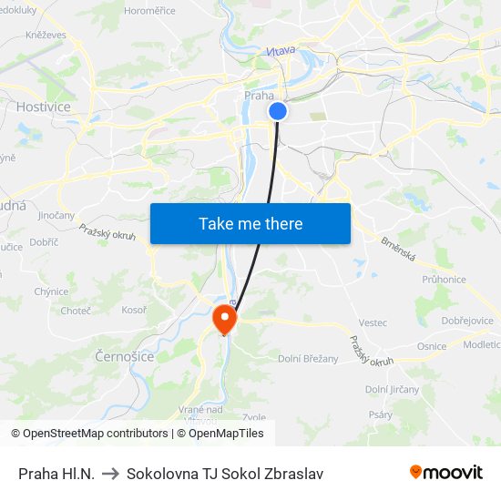 Praha Hl.N. to Sokolovna TJ Sokol Zbraslav map