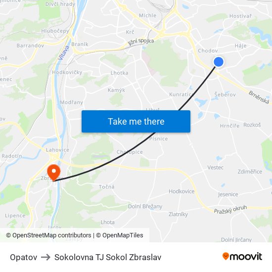 Opatov to Sokolovna TJ Sokol Zbraslav map