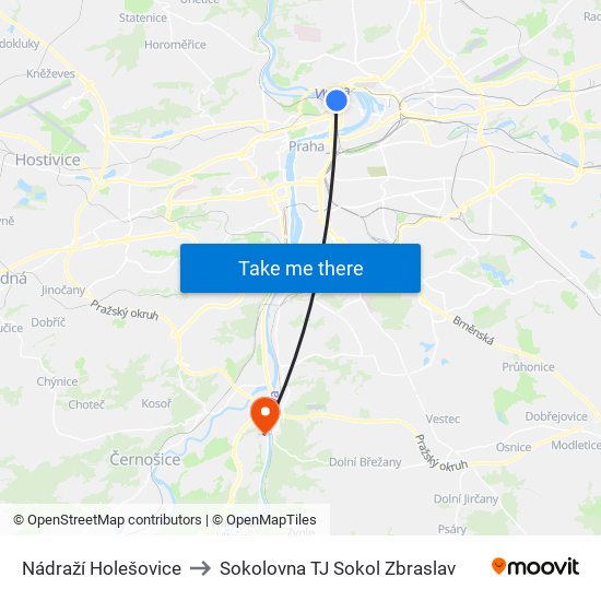 Nádraží Holešovice to Sokolovna TJ Sokol Zbraslav map