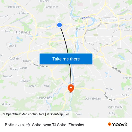 Bořislavka to Sokolovna TJ Sokol Zbraslav map