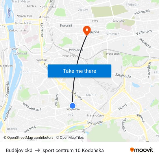 Budějovická to sport centrum 10 Kodaňská map