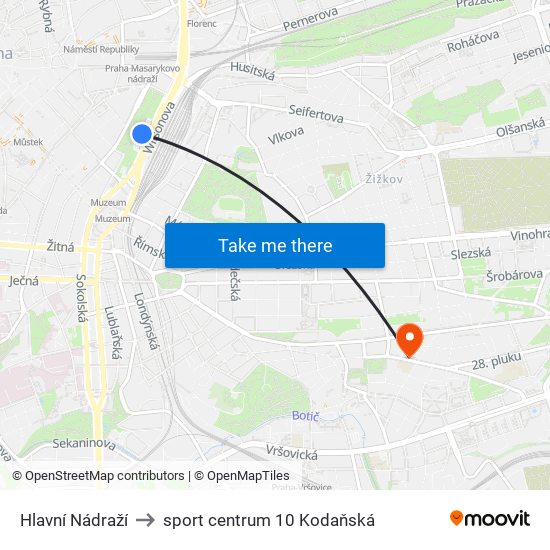 Hlavní Nádraží to sport centrum 10 Kodaňská map