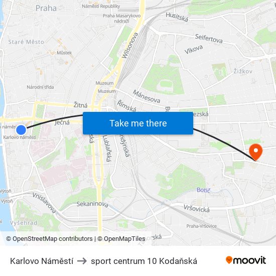 Karlovo Náměstí to sport centrum 10 Kodaňská map