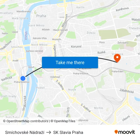 Smíchovské Nádraží to SK Slavia Praha map