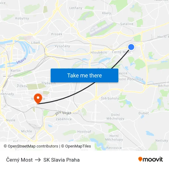 Černý Most to SK Slavia Praha map