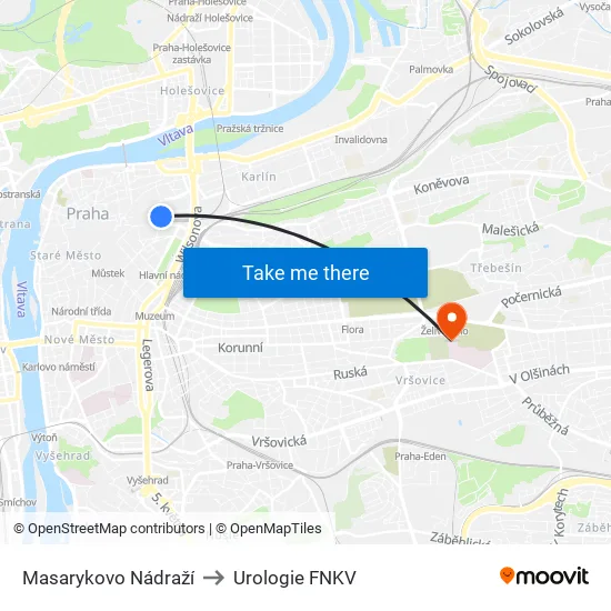 Masarykovo Nádraží to Urologie FNKV map