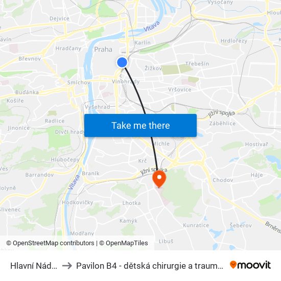 Hlavní Nádraží to Pavilon B4 - dětská chirurgie a traumatologie map