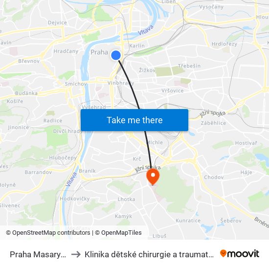 Praha Masarykovo N. to Klinika dětské chirurgie a traumatologie 3. LF UK map