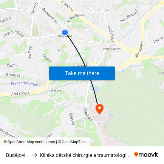 Budějovická to Klinika dětské chirurgie a traumatologie 3. LF UK map