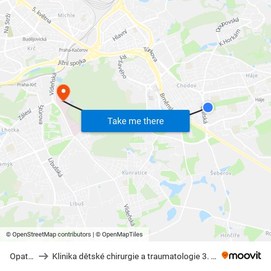 Opatov to Klinika dětské chirurgie a traumatologie 3. LF UK map