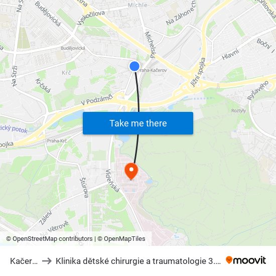 Kačerov to Klinika dětské chirurgie a traumatologie 3. LF UK map