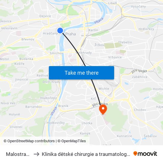 Malostranská to Klinika dětské chirurgie a traumatologie 3. LF UK map