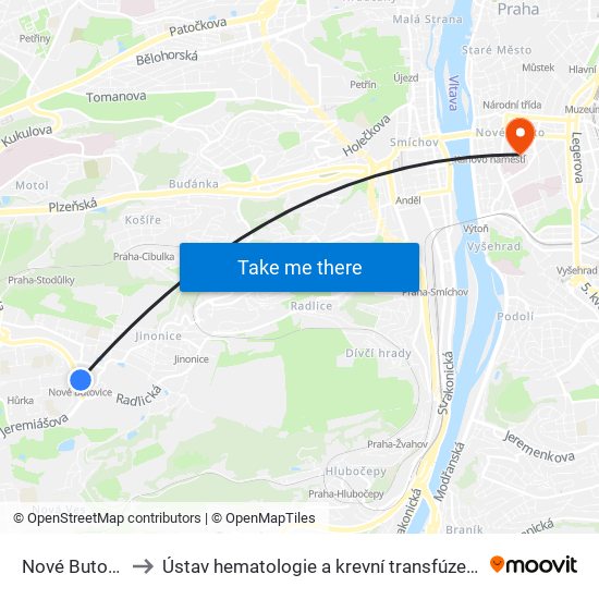 Nové Butovice to Ústav hematologie a krevní transfúze (ÚHKT) map