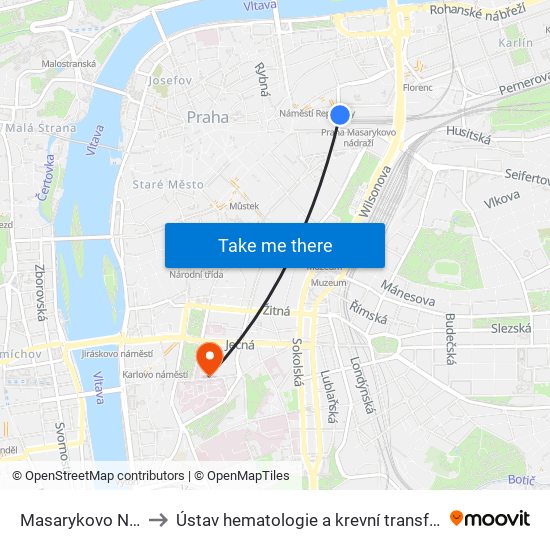 Masarykovo Nádraží to Ústav hematologie a krevní transfúze (ÚHKT) map