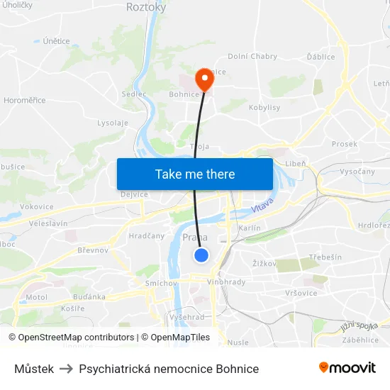 Můstek to Psychiatrická nemocnice Bohnice map
