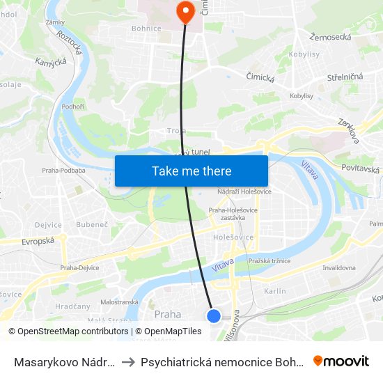 Masarykovo Nádraží to Psychiatrická nemocnice Bohnice map