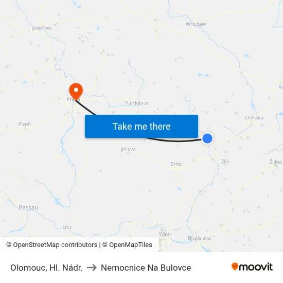 Olomouc, Hl. Nádr. to Nemocnice Na Bulovce map