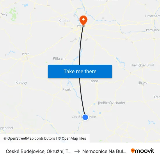 České Budějovice, Okružní, Točna to Nemocnice Na Bulovce map