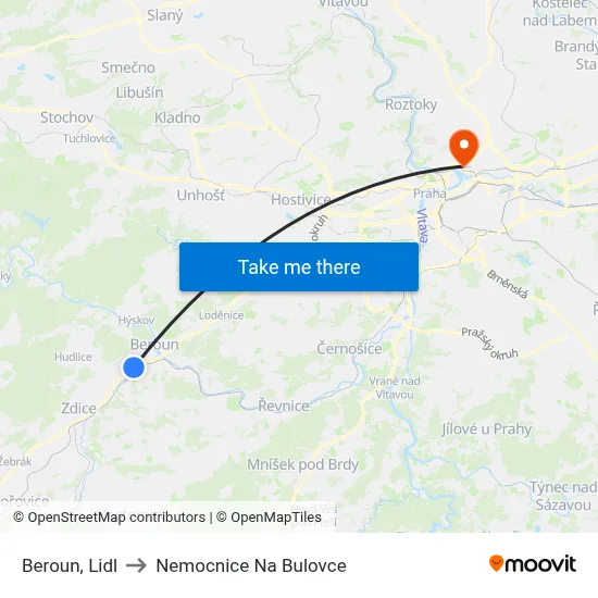 Beroun, Lidl to Nemocnice Na Bulovce map