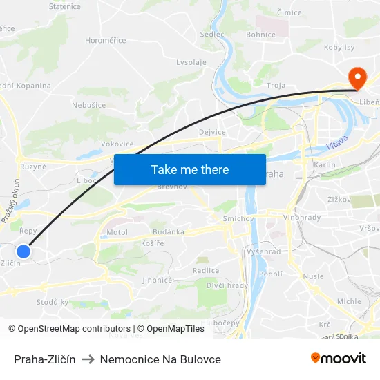 Praha-Zličín to Nemocnice Na Bulovce map