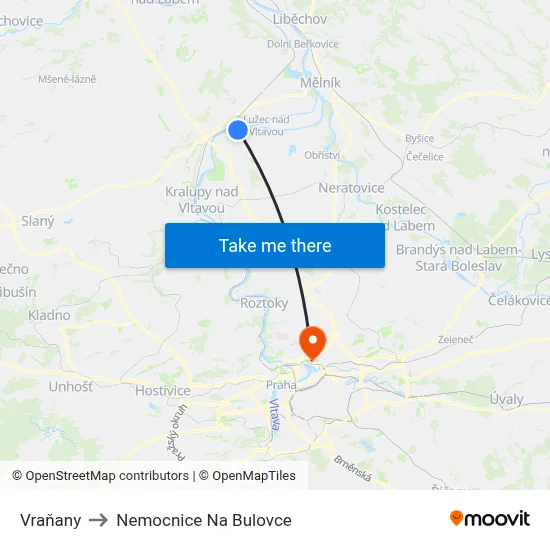 Vraňany to Nemocnice Na Bulovce map
