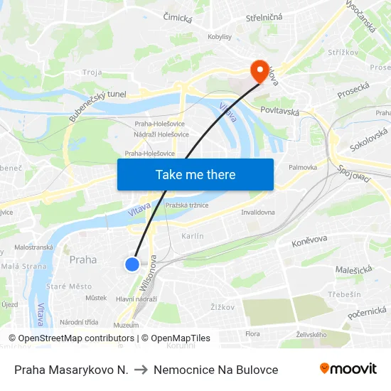 Praha Masarykovo N. to Nemocnice Na Bulovce map