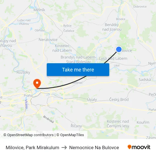 Milovice, Park Mirakulum to Nemocnice Na Bulovce map