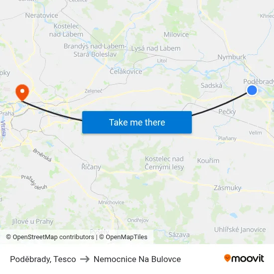 Poděbrady, Tesco to Nemocnice Na Bulovce map