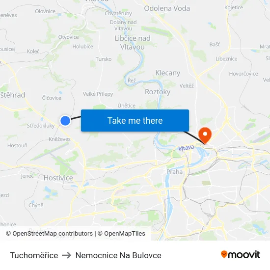 Tuchoměřice to Nemocnice Na Bulovce map