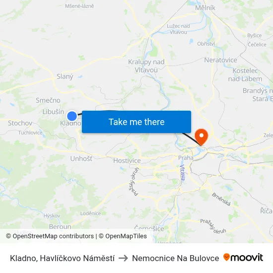 Kladno, Havlíčkovo Náměstí to Nemocnice Na Bulovce map