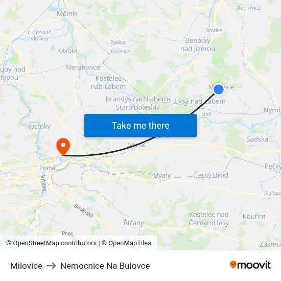 Milovice to Nemocnice Na Bulovce map