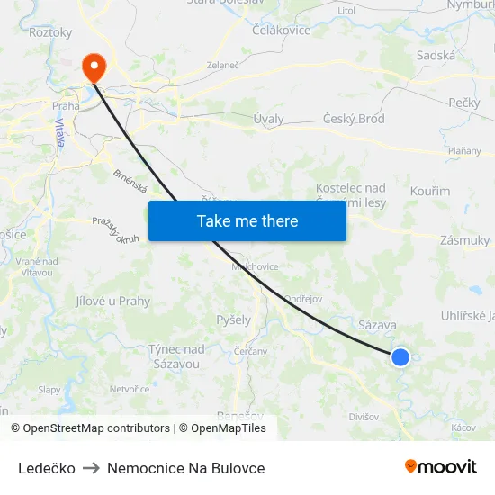 Ledečko to Nemocnice Na Bulovce map