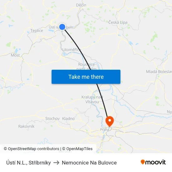 Ústí N.L., Stříbrníky to Nemocnice Na Bulovce map