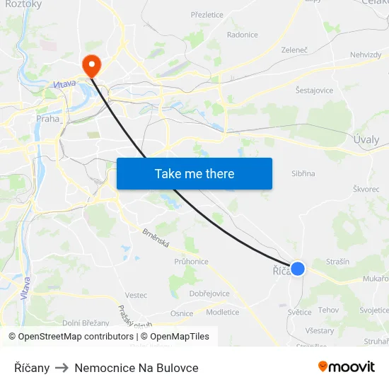 Říčany to Nemocnice Na Bulovce map