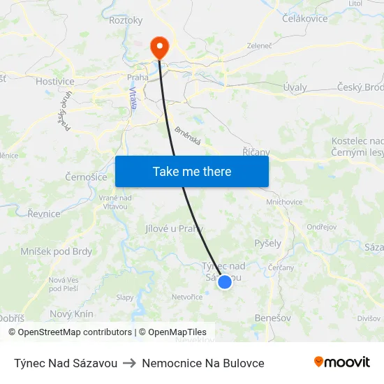 Týnec Nad Sázavou to Nemocnice Na Bulovce map