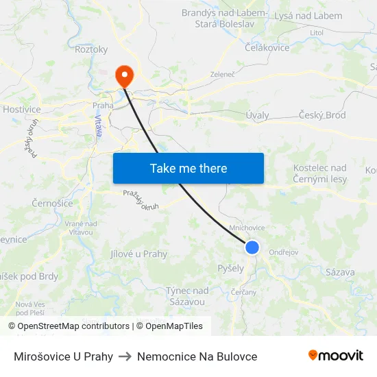 Mirošovice U Prahy to Nemocnice Na Bulovce map