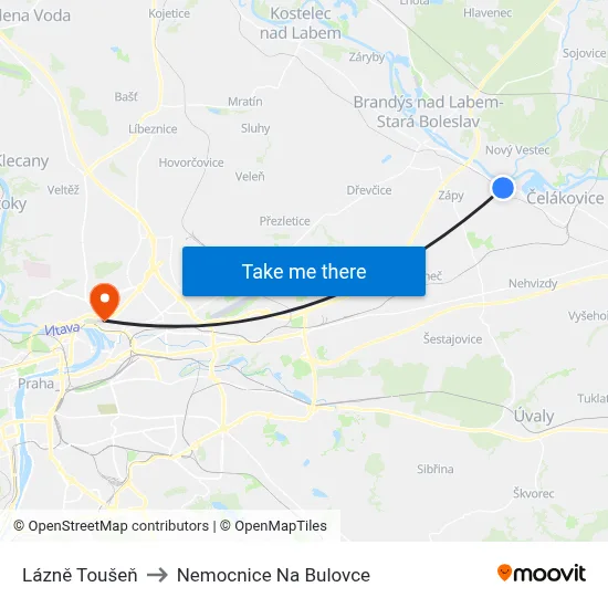 Lázně Toušeň to Nemocnice Na Bulovce map