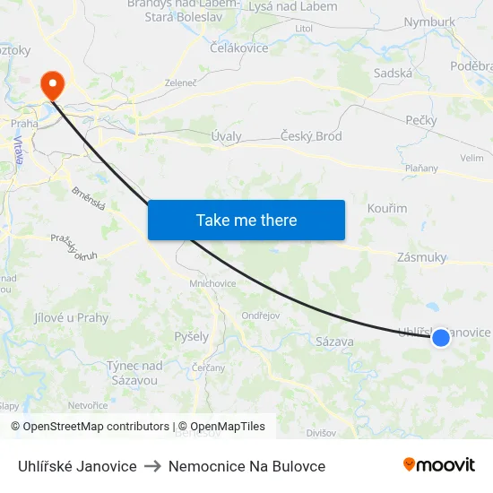 Uhlířské Janovice to Nemocnice Na Bulovce map