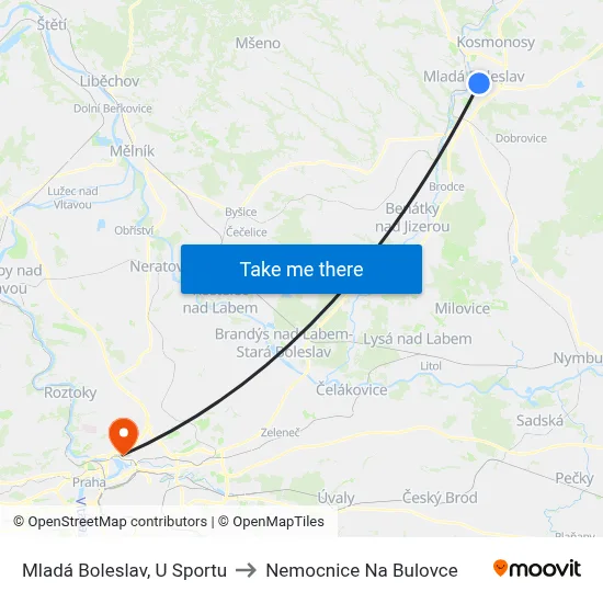 Mladá Boleslav, U Sportu to Nemocnice Na Bulovce map