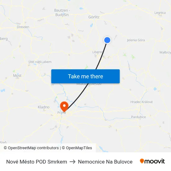 Nové Město POD Smrkem to Nemocnice Na Bulovce map