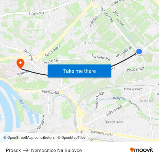 Prosek to Nemocnice Na Bulovce map