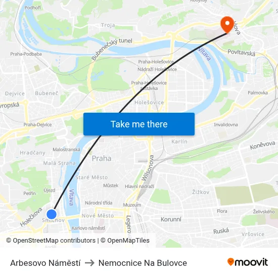 Arbesovo Náměstí to Nemocnice Na Bulovce map