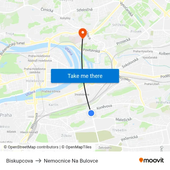 Biskupcova to Nemocnice Na Bulovce map