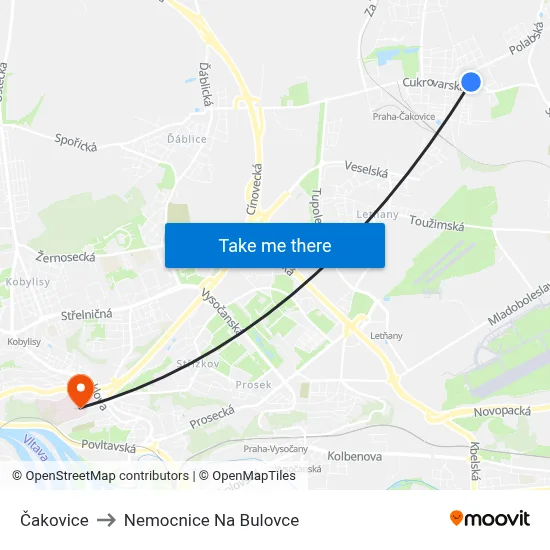 Čakovice to Nemocnice Na Bulovce map