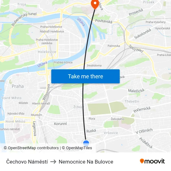 Čechovo Náměstí to Nemocnice Na Bulovce map
