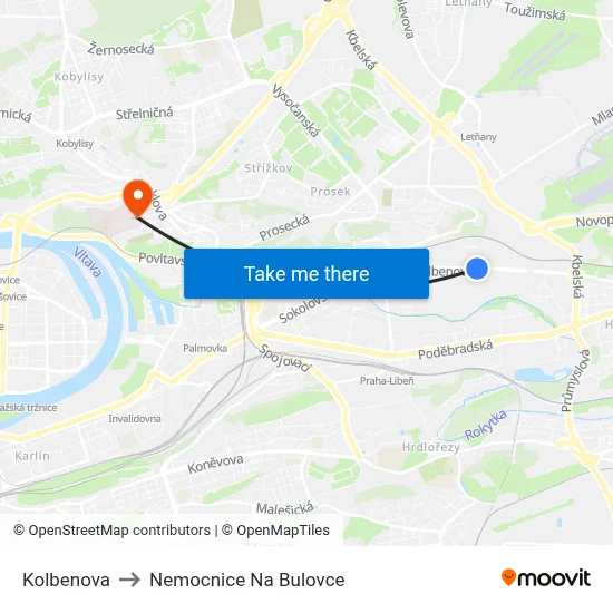 Kolbenova to Nemocnice Na Bulovce map