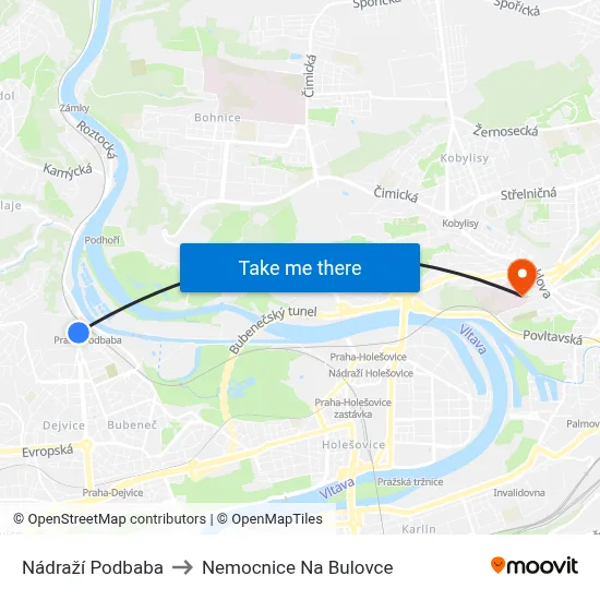 Nádraží Podbaba to Nemocnice Na Bulovce map