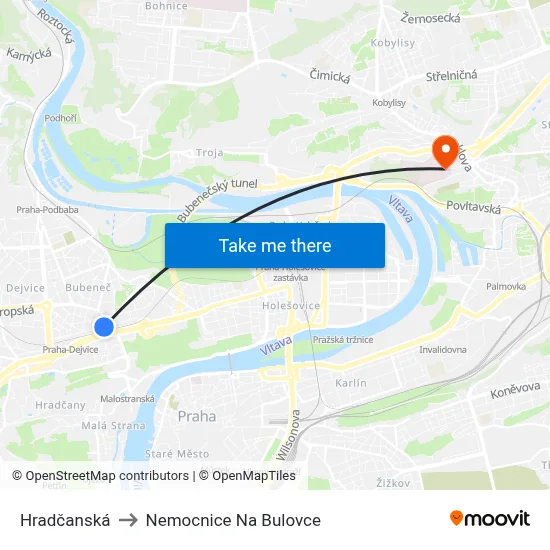 Hradčanská to Nemocnice Na Bulovce map