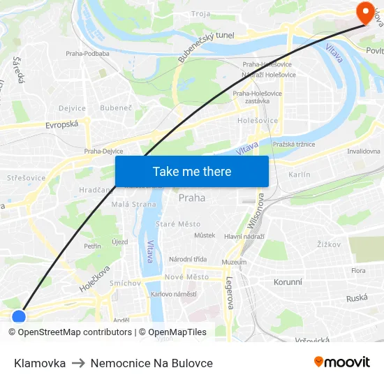 Klamovka to Nemocnice Na Bulovce map